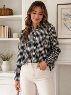 GAP Black & White Gingham Ruffle Neck Peasant Blouse Cottagecore XS